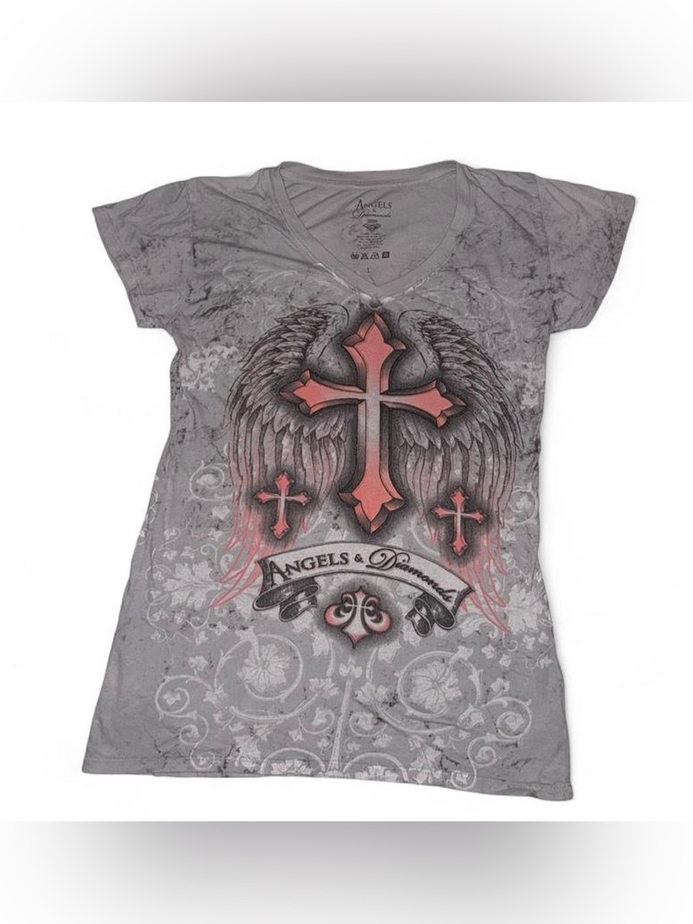 Angels Gray V-Neck Tee with Pink Cross and Wings Graphic